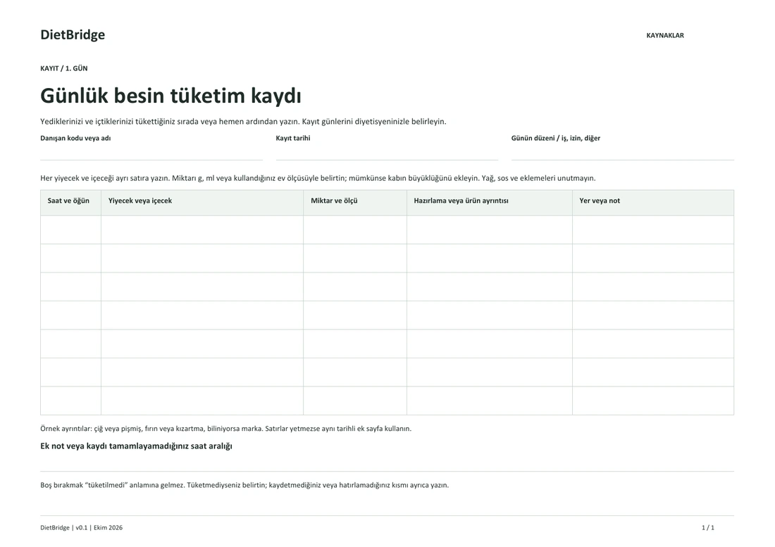 Besin tüketim kaydı — boş şablonun ilk sayfası