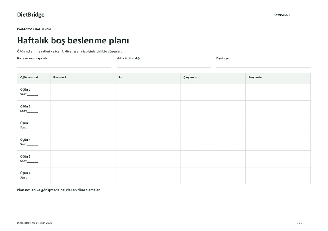 Boş haftalık beslenme planı — boş şablonun ilk sayfası